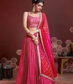 Pink & Red Embellished Mirror Work Khari Print Semi Stitched Lehenga & Unstitched Blouse With Dupatta