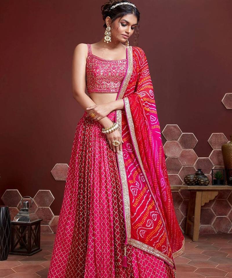 Pink & Red Embellished Mirror Work Khari Print Semi Stitched Lehenga & Unstitched Blouse With Dupatta