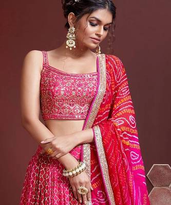 Pink & Red Embellished Mirror Work Khari Print Semi Stitched Lehenga & Unstitched Blouse With Dupatta 2
