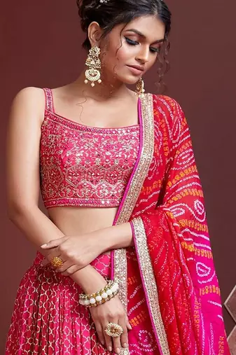Pink & Red Embellished Mirror Work Khari Print Semi Stitched Lehenga & Unstitched Blouse With Dupatta