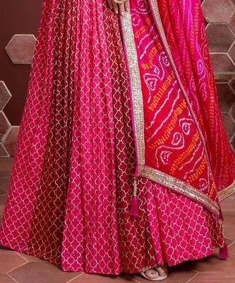 Pink & Red Embellished Mirror Work Khari Print Semi Stitched Lehenga & Unstitched Blouse With Dupatta 3