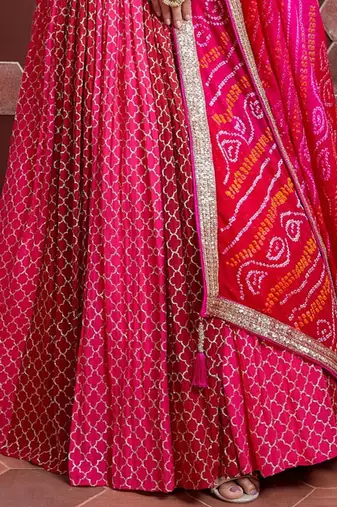 Pink & Red Embellished Mirror Work Khari Print Semi Stitched Lehenga & Unstitched Blouse With Dupatta