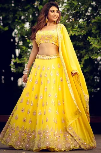 Embroidered Mirror Work Semi Stitched Lehenga & Unstitched Blouse With Dupatta