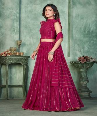 Embroidered Sequinned Georgette Semi Stitched Lehenga & Blouse With Dupatta 4