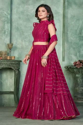 Embroidered Sequinned Georgette Semi Stitched Lehenga & Blouse With Dupatta