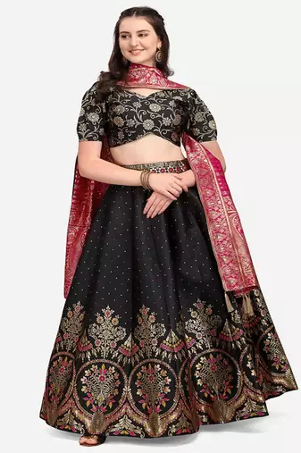 Black & Pink Ready to Wear Lehenga & Unstitched Blouse With Dupatta