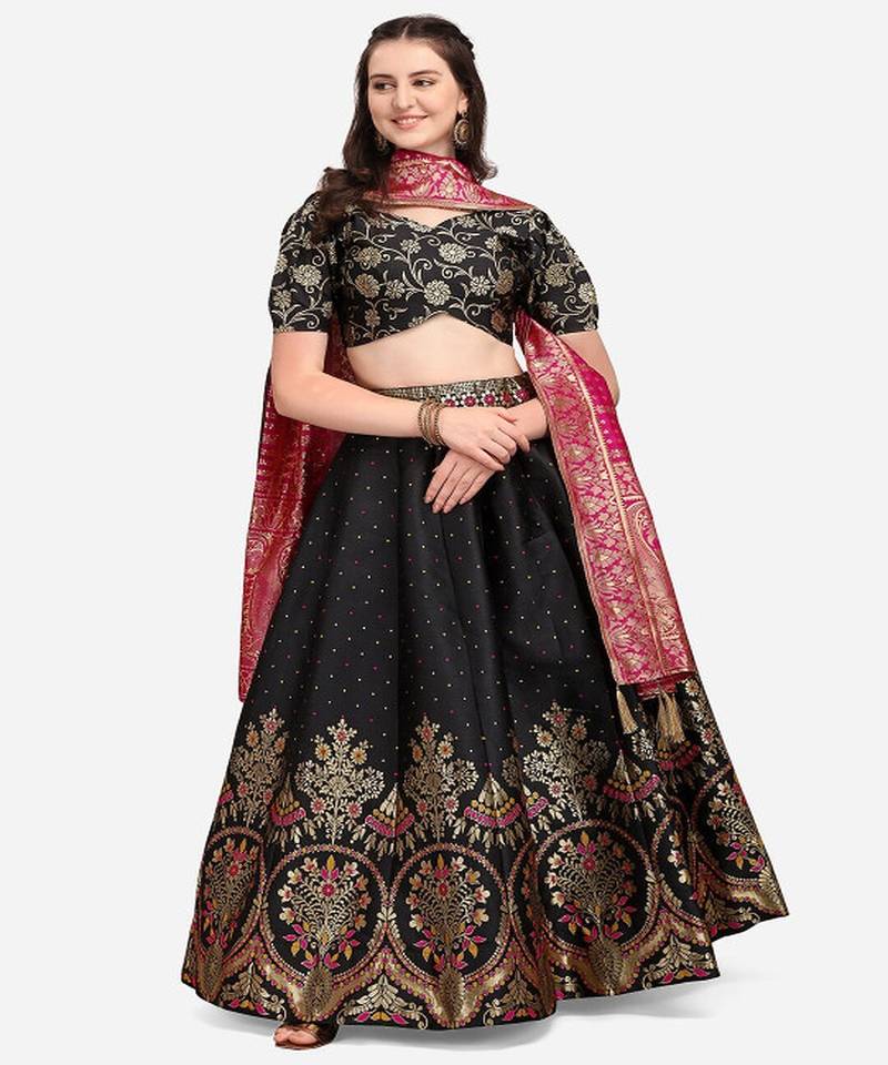Black & Pink Ready to Wear Lehenga & Unstitched Blouse With Dupatta