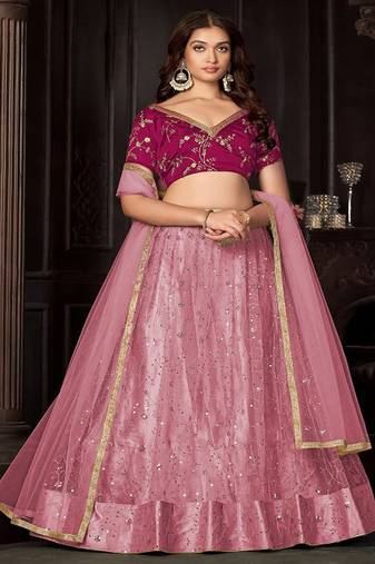 Embroidered Sequinned Semi Stitched Net Lehenga & Unstitched Blouse With Dupatta