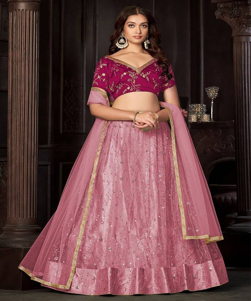 Embroidered Sequinned Semi Stitched Net Lehenga & Unstitched Blouse With Dupatta