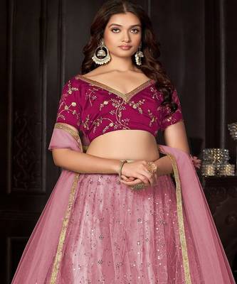 Embroidered Sequinned Semi Stitched Net Lehenga & Unstitched Blouse With Dupatta 2