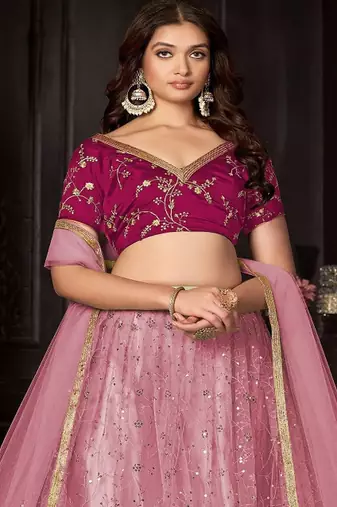 Embroidered Sequinned Semi Stitched Net Lehenga & Unstitched Blouse With Dupatta