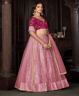 Embroidered Sequinned Semi Stitched Net Lehenga & Unstitched Blouse With Dupatta 3