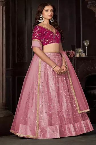 Embroidered Sequinned Semi Stitched Net Lehenga & Unstitched Blouse With Dupatta