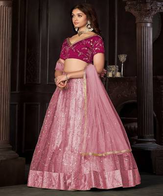 Embroidered Sequinned Semi Stitched Net Lehenga & Unstitched Blouse With Dupatta 4