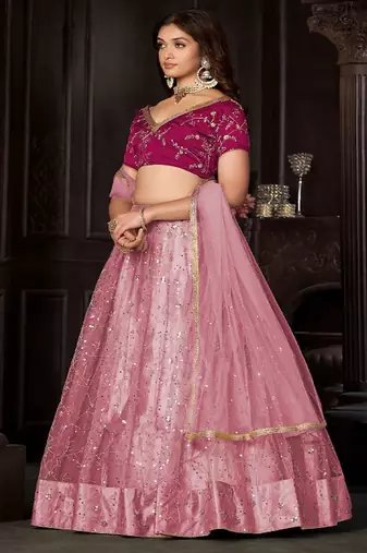 Embroidered Sequinned Semi Stitched Net Lehenga & Unstitched Blouse With Dupatta