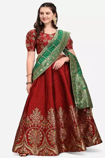 Maroon & Green Ready to Wear Lehenga & Unstitched Blouse With Dupatta