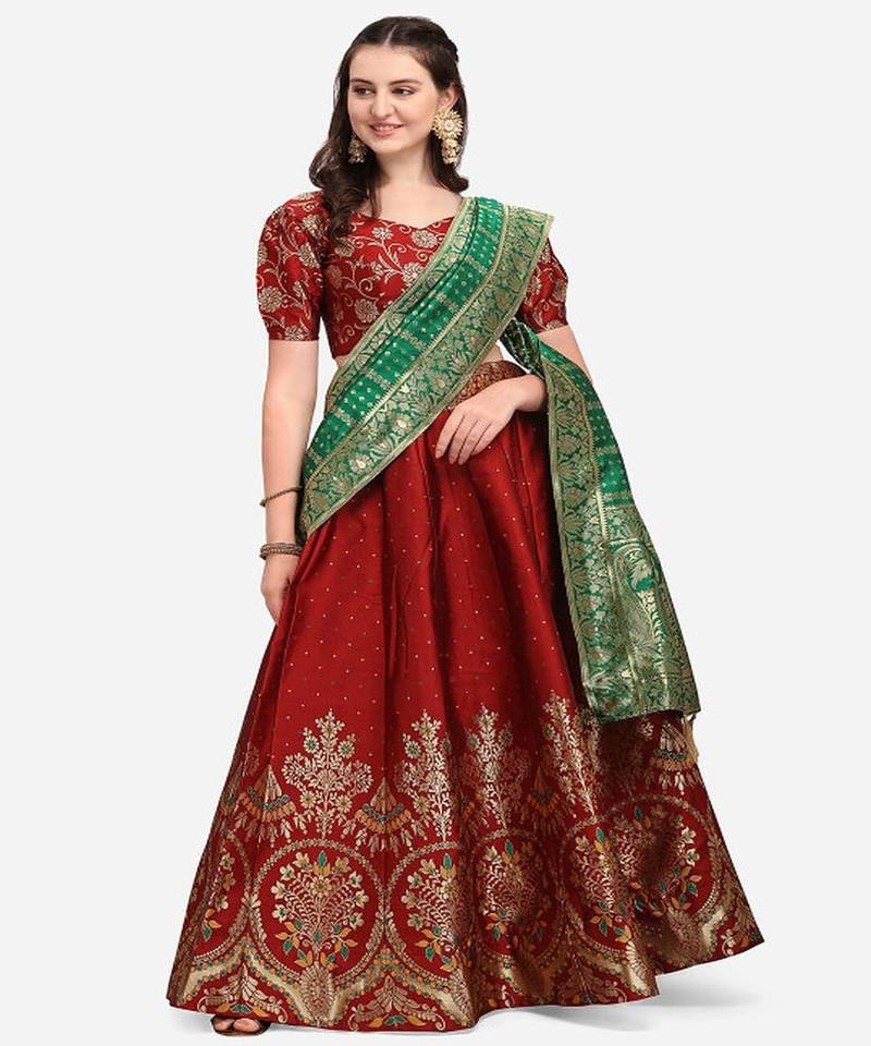 Maroon & Green Ready to Wear Lehenga & Unstitched Blouse With Dupatta