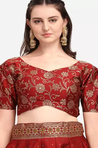 Maroon & Green Ready to Wear Lehenga & Unstitched Blouse With Dupatta