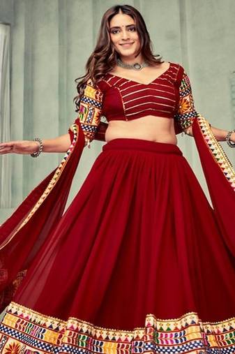 Embroidered Mirror Work Semi Stitched Lehenga & Unstitched Blouse With Dupatta
