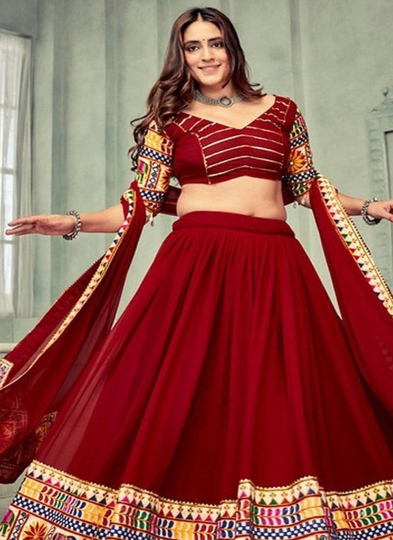 Embroidered Mirror Work Semi Stitched Lehenga & Unstitched Blouse With Dupatta