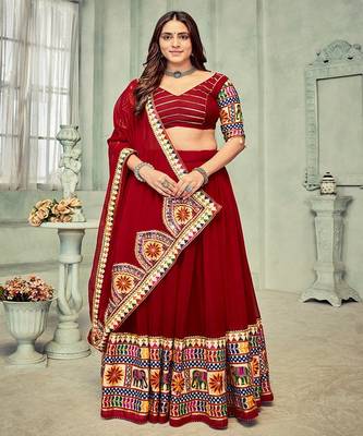 Embroidered Mirror Work Semi Stitched Lehenga & Unstitched Blouse With Dupatta 2