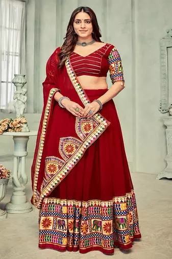Embroidered Mirror Work Semi Stitched Lehenga & Unstitched Blouse With Dupatta