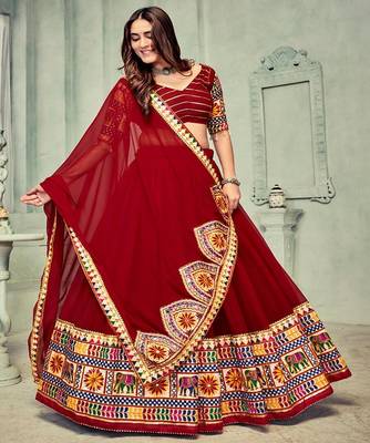 Embroidered Mirror Work Semi Stitched Lehenga & Unstitched Blouse With Dupatta 3