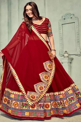 Embroidered Mirror Work Semi Stitched Lehenga & Unstitched Blouse With Dupatta