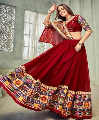 Embroidered Mirror Work Semi Stitched Lehenga & Unstitched Blouse With Dupatta 4