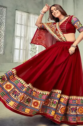 Embroidered Mirror Work Semi Stitched Lehenga & Unstitched Blouse With Dupatta