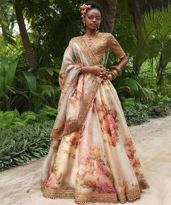 Women Off White Organza Printed Semi Stitched lehenga 1