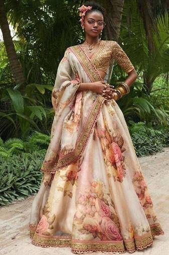 Women Off White Organza Printed Semi Stitched lehenga