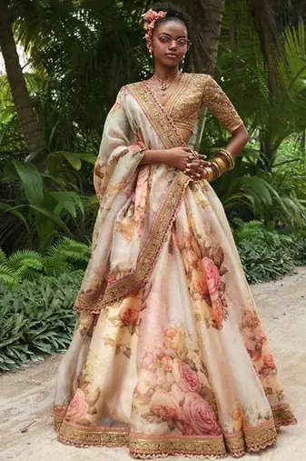 Women Off White Organza Printed Semi Stitched lehenga