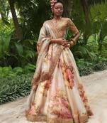Women Off White Organza Printed Semi Stitched lehenga