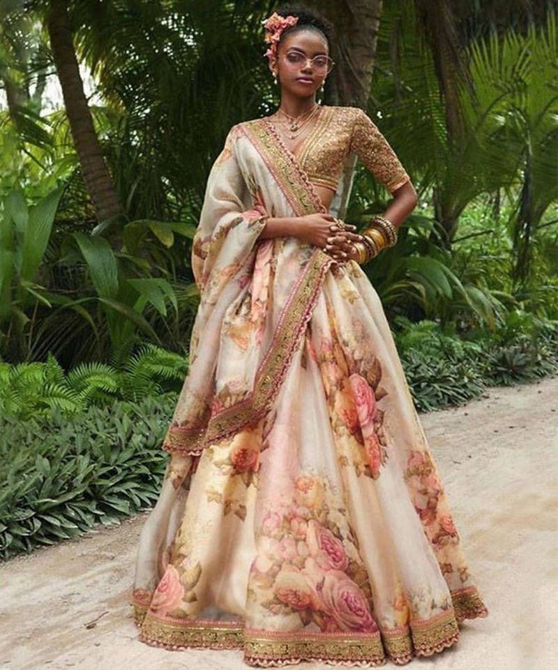 Women Off White Organza Printed Semi Stitched lehenga