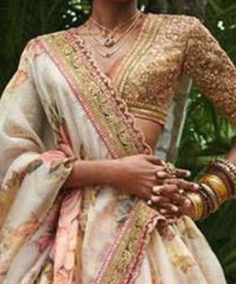 Women Off White Organza Printed Semi Stitched lehenga 2