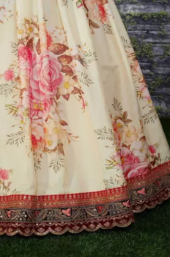 Women Off White Organza Printed Semi Stitched lehenga