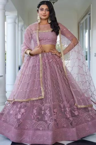 Embroidered Thread Work Semi Stitched Net Lehenga & Unstitched Blouse With Dupatta