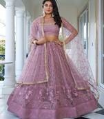 Embroidered Thread Work Semi Stitched Net Lehenga & Unstitched Blouse With Dupatta