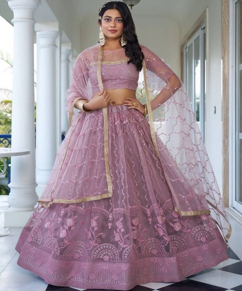 Embroidered Thread Work Semi Stitched Net Lehenga & Unstitched Blouse With Dupatta