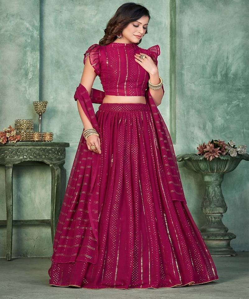 Women Embroidered Mukaish Foil Semi Stitched Lehenga With Dupatta Lehenga Choli