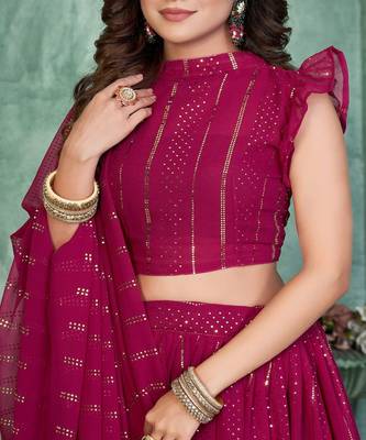 Women Embroidered Mukaish Foil Semi Stitched Lehenga With Dupatta Lehenga Choli 2