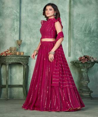 Women Embroidered Mukaish Foil Semi Stitched Lehenga With Dupatta Lehenga Choli 3