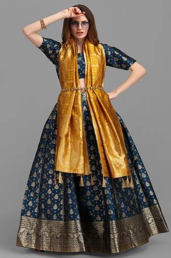 Teal Blue & Gold Woven Design Semi Stitched Lehenga & Unstitched Choli Dupatta