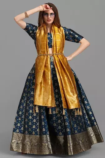 Teal Blue & Gold Woven Design Semi Stitched Lehenga & Unstitched Choli Dupatta