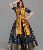 Teal Blue & Gold Woven Design Semi Stitched Lehenga & Unstitched Choli Dupatta