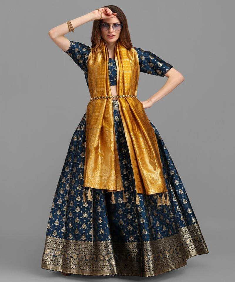 Teal Blue & Gold Woven Design Semi Stitched Lehenga & Unstitched Choli Dupatta