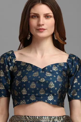 Teal Blue & Gold Woven Design Semi Stitched Lehenga & Unstitched Choli Dupatta