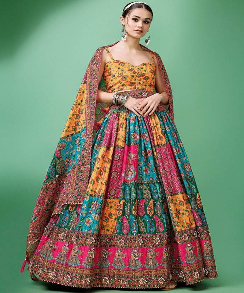 Ethnic Motifs Printed Silk Semi Stitched Lehenga & Unstitched Blouse With Dupatta