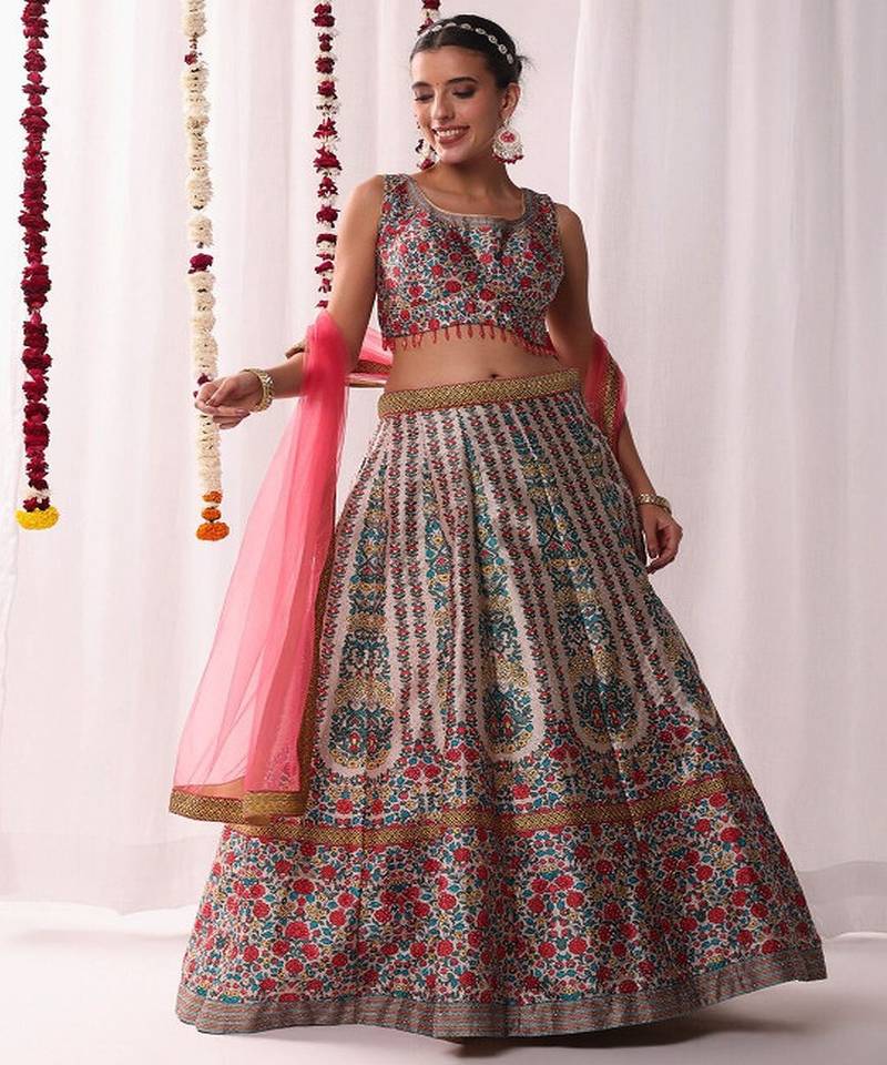 Floral Digital Printed Lehenga Choli With Dupatta & Matching Tassles